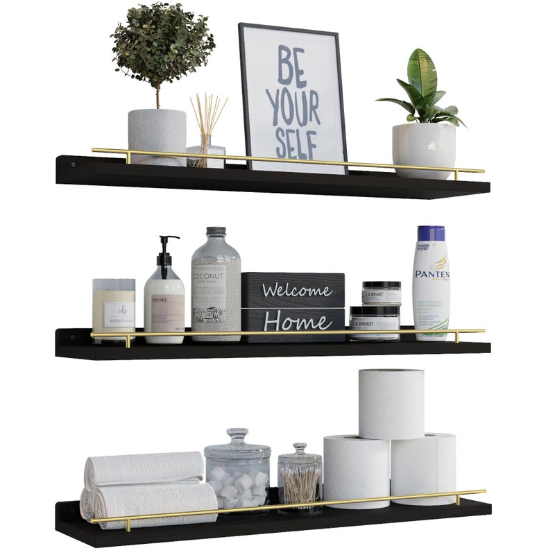 WOPITUES Floating Shelves 24 inch with Gold Metal Guardrail, Shelves for Wall Decor Set of 3, Wall Shelves for Bedroom, Bathroom, Kitchen, Living Room, Plants, Picture Frames, Art- Black and Gold - Image 1