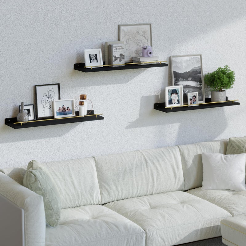 WOPITUES Floating Shelves 24 inch with Gold Metal Guardrail, Shelves for Wall Decor Set of 3, Wall Shelves for Bedroom, Bathroom, Kitchen, Living Room, Plants, Picture Frames, Art- Black and Gold - Image 5
