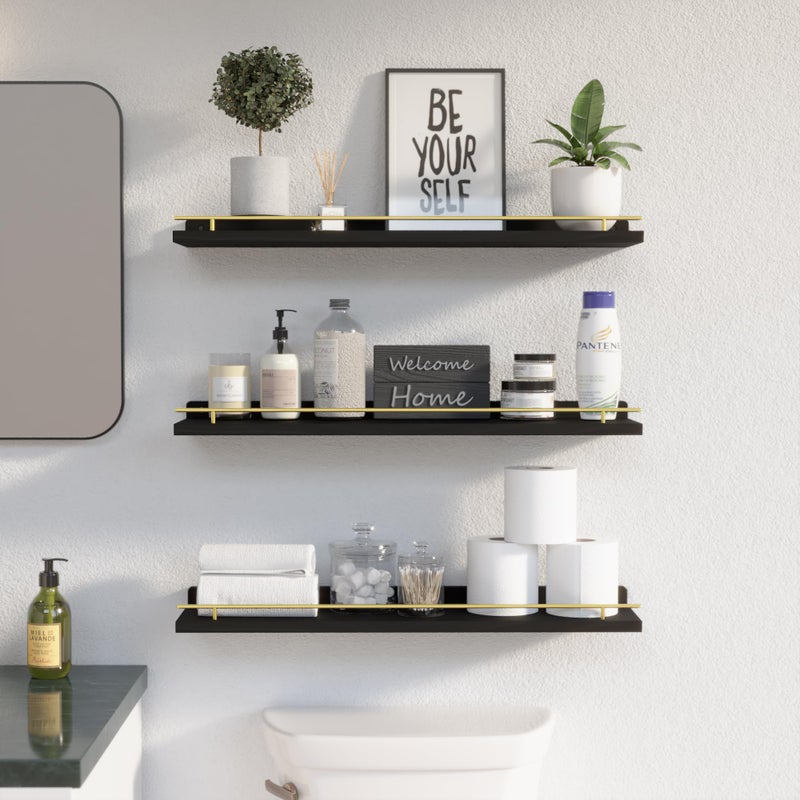 WOPITUES Floating Shelves 24 inch with Gold Metal Guardrail, Shelves for Wall Decor Set of 3, Wall Shelves for Bedroom, Bathroom, Kitchen, Living Room, Plants, Picture Frames, Art- Black and Gold - Image 2