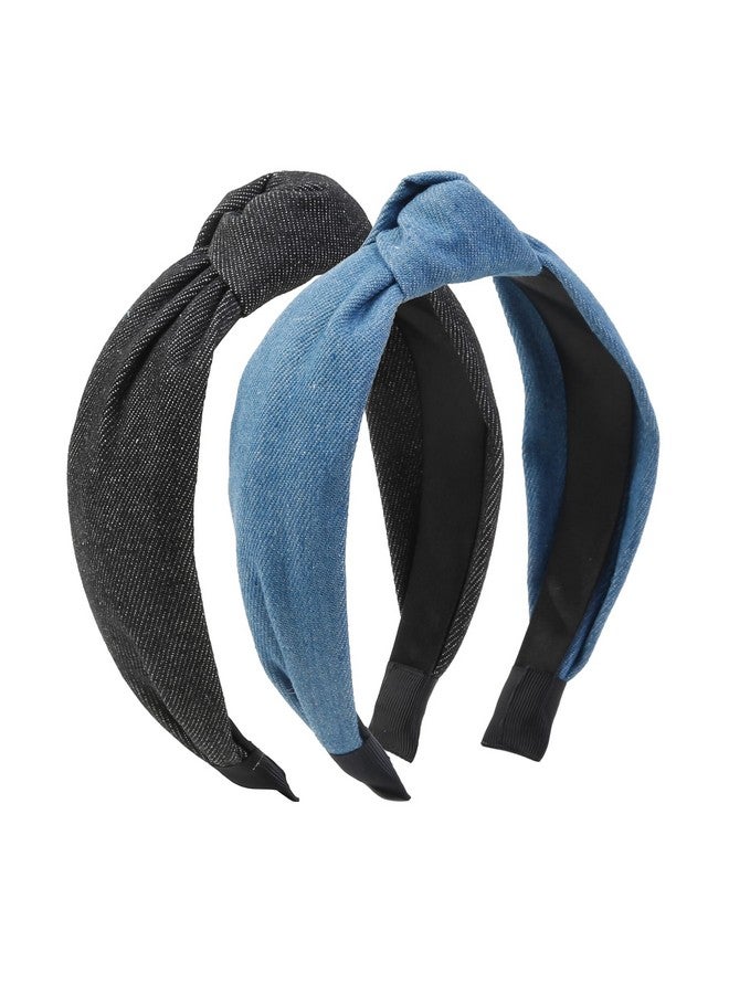 ووفوووفو عصابات رأس معقودة، طوق شعر نسائي عصري من قماش الدنيم غير قابل للانزلاق، إكسسوارات شعر سميكة للبنات بعقدة علوية - Image 1