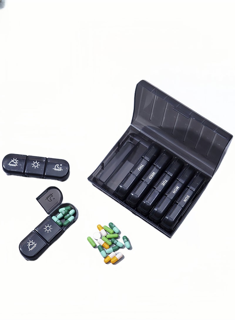 Portable Travel Pill Box 7 Day with Large Compartments,Weekly Pill Organizer 3 Times A Day,Portable Travel Pill Case for Vitamins,Medicine, Fish Oils,Supplements(Black) - Image 1