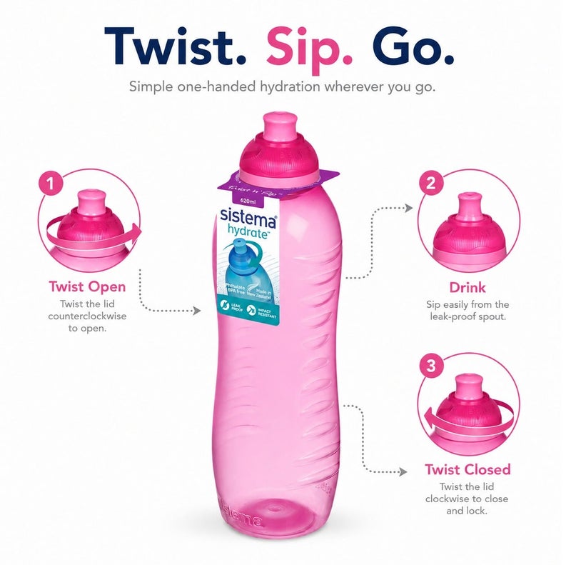 Sistema 620ML Squeeze Water Bottle, BPA Free Leak-Proof Reusable Sports Drinking Bottle, Lightweight Easy-Squeeze Bottle for School, Kids, Gym, Travel & Everyday Hydration - Pink - Image 3