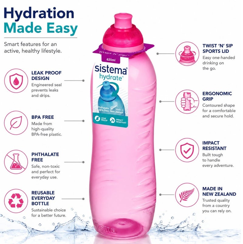Sistema 620ML Squeeze Water Bottle, BPA Free Leak-Proof Reusable Sports Drinking Bottle, Lightweight Easy-Squeeze Bottle for School, Kids, Gym, Travel & Everyday Hydration - Pink - Image 2