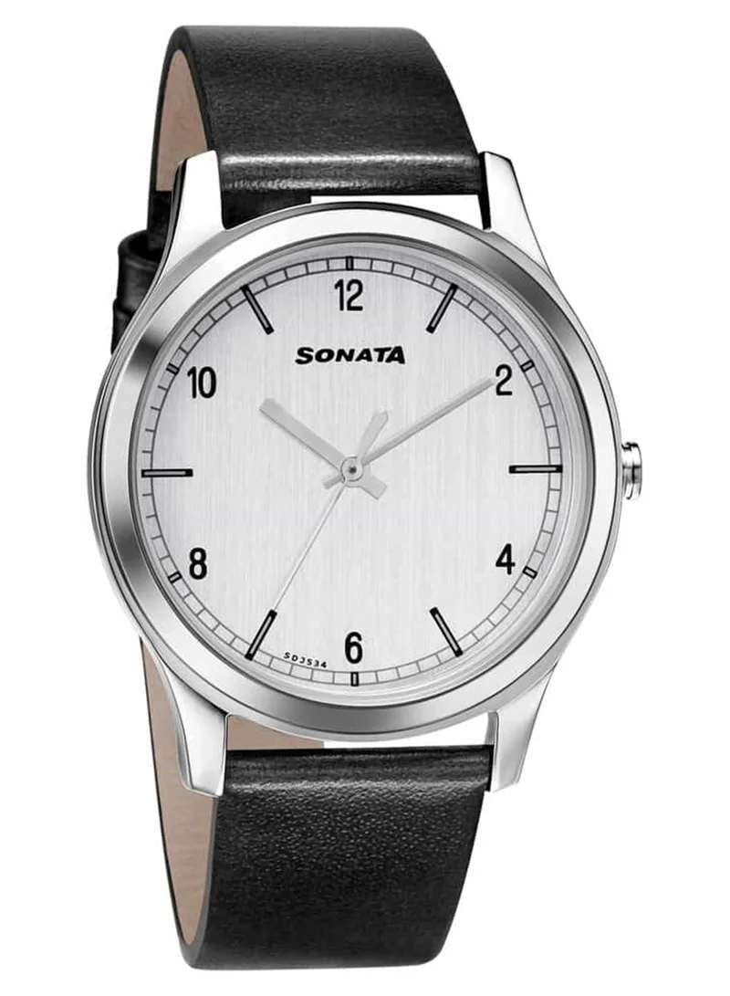 Sonata Men's Analog Round Shape Leather Wrist Watch 7135SL01 - 48 Mm