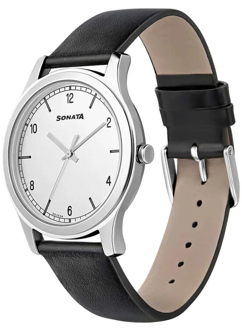 Sonata Men's Analog Round Shape Leather Wrist Watch 7135SL01 - 48 Mm