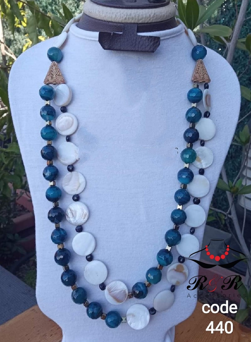 R&R Two-round women's necklace of right-hand agate, mother of pearl, and silver hematite