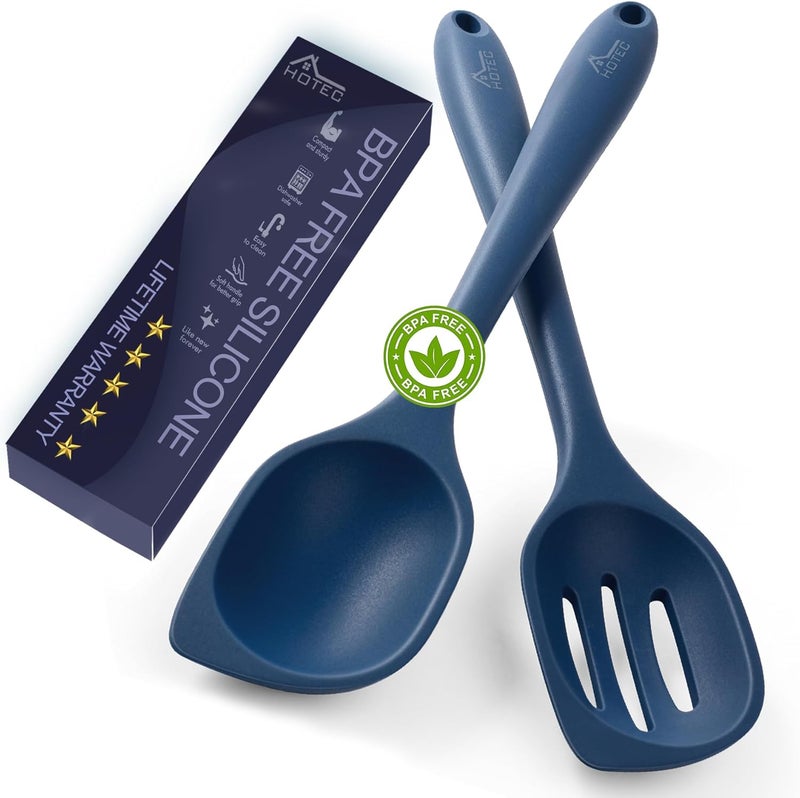 hotec 446°F Heat Resistant Silicone Cooking Spoon Spatula, BPA Free Large Kitchen Solid and Slotted Spoons for Mixing, Serving, Scraping, Non-stick, Dishwasher Safe Classic Blue 12.5inch - Image 1