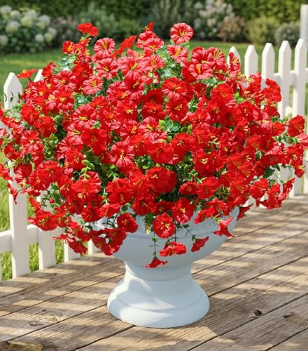 Ivydale Artificial Flowers Fake Plants for Outdoors Decoration 12 Bundles Red Silk Morning Glory with Eucalyptus Realistic UV Resistant Faux Flowers Greenery for Outside Planter Yard Garden Home Indoor Patio - Image 1
