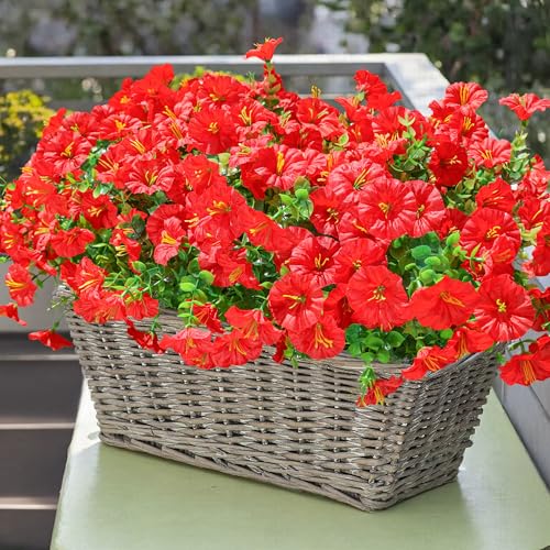 Ivydale Artificial Flowers Fake Plants for Outdoors Decoration 12 Bundles Red Silk Morning Glory with Eucalyptus Realistic UV Resistant Faux Flowers Greenery for Outside Planter Yard Garden Home Indoor Patio - Image 3