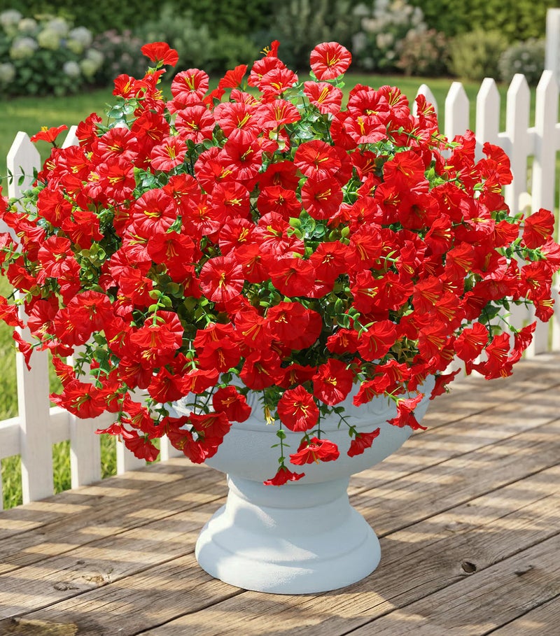 Ivydale Artificial Flowers Fake Plants for Outdoors Decoration 12 Bundles Red Silk Morning Glory with Eucalyptus Realistic UV Resistant Faux Flowers Greenery for Outside Planter Yard Garden Home Indoor Patio - Image 2