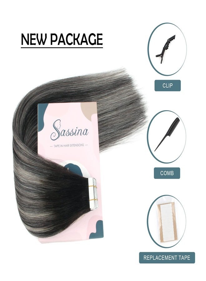 Sassina Invisible Tape-in Hair Extensions: Human Real Hair, 16 Inch Ombre, Natural Black to Silver Balayage, Straight, Skin Weft, 20 Pcs 50g - Image 5