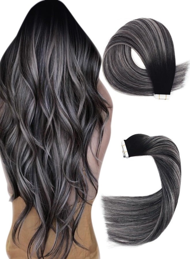 Sassina Invisible Tape-in Hair Extensions: Human Real Hair, 16 Inch Ombre, Natural Black to Silver Balayage, Straight, Skin Weft, 20 Pcs 50g - Image 1