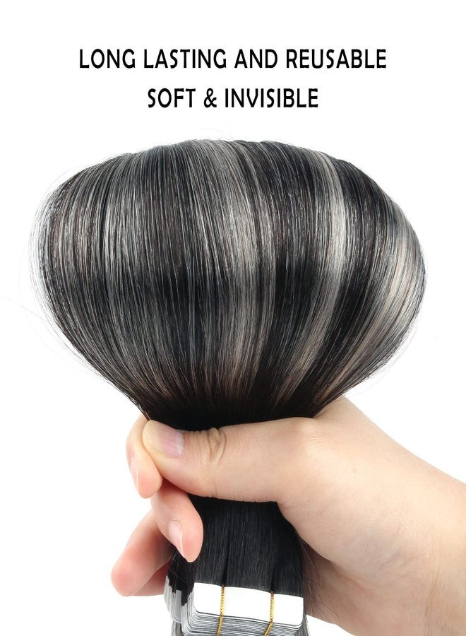 Sassina Invisible Tape-in Hair Extensions: Human Real Hair, 16 Inch Ombre, Natural Black to Silver Balayage, Straight, Skin Weft, 20 Pcs 50g - Image 4