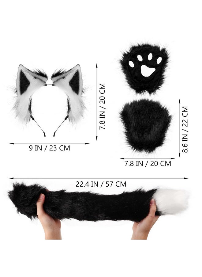 Beaupretty Beaupretty Handmade Fur Fox Wolf Cat Ears Headband Animal Ears Headband Tail Gloves Set Halloween Headband Cosplay Costume Accessories for Women Black White  - Image 5