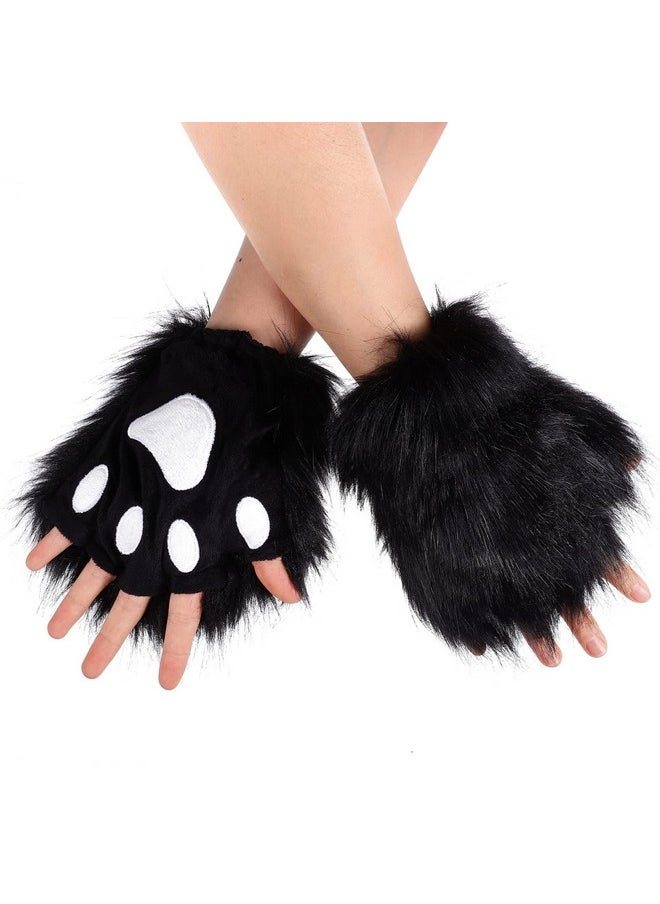 Beaupretty Beaupretty Handmade Fur Fox Wolf Cat Ears Headband Animal Ears Headband Tail Gloves Set Halloween Headband Cosplay Costume Accessories for Women Black White  - Image 3