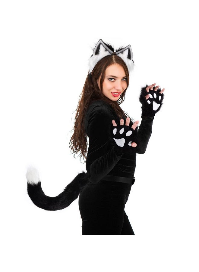 Beaupretty Beaupretty Handmade Fur Fox Wolf Cat Ears Headband Animal Ears Headband Tail Gloves Set Halloween Headband Cosplay Costume Accessories for Women Black White  - Image 2