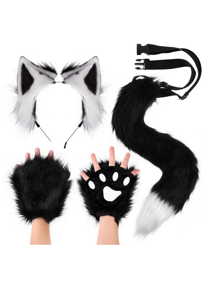 Beaupretty Beaupretty Handmade Fur Fox Wolf Cat Ears Headband Animal Ears Headband Tail Gloves Set Halloween Headband Cosplay Costume Accessories for Women Black White  - Image 1