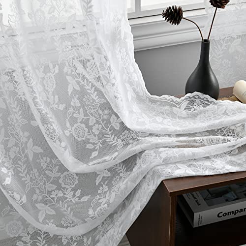 FINECITY FINECITY White Lace Curtains 45 Inch Length Vintage Country Floral Sheer Cafe Curtains for Kitchen Rod Pocket Scalloped Privacy Sheer Short Window Curtain 2 Panels Set 52 x 45 Inch White