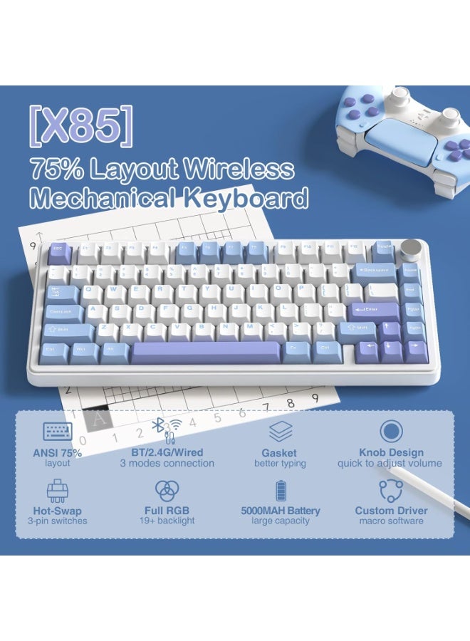 ATTACK SHARK X85 Wireless Gaming Keyboard with Knob Hot Swappable 75% Mechanical Keyboard Bluetooth/2.4GHz/USB-C PBT Keycaps Gasket RGB Coiled Cable Linear White Jade Switch Custom for Win/PC/MAC - Image 2