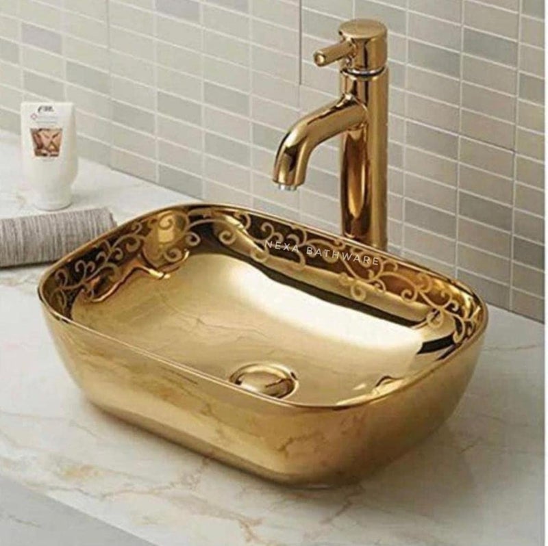 Nexa Bathware Impoarted Ceramic Wash Basin Luxurious Wash basin Table Top Bathroom Sink Wash GOLD Colour With High Temprature 18 x 13 x 5 INCH EQ378 - Image 1