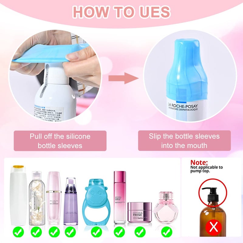 May Create أكمام MAYCREATE® 4 قطع المقاومة للتسرب لزجاجات السفر للمواد التجميلية، أغطية سيليكون قابلة لإعادة الاستخدام، أكمام مرنة مضادة للتسرب لزجاجات الرش للسفر - Image 3