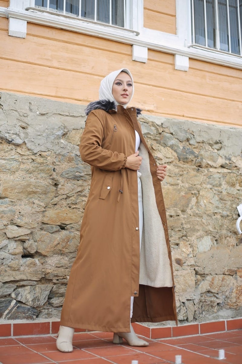 Vibeys Collection Brown Fur Lined and Waterproof Plus Size Oversized Full Length Women's Winter Coat & Jacket - Image 2
