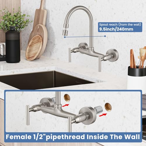 Airuida Wall Mount Kitchen Sink Faucet Wall Mounted Kitchen Faucets 8 Inch Center Double Handles 360 Degree Swivel Spout Restaurant Utility Laundry Commercial Mixer Tap Brushed Nickel - Image 3