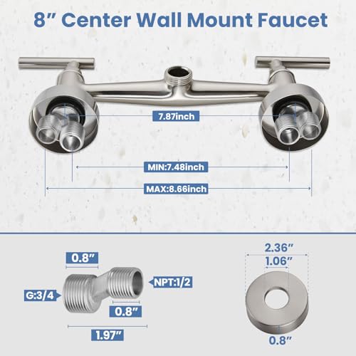 Airuida Wall Mount Kitchen Sink Faucet Wall Mounted Kitchen Faucets 8 Inch Center Double Handles 360 Degree Swivel Spout Restaurant Utility Laundry Commercial Mixer Tap Brushed Nickel - Image 5