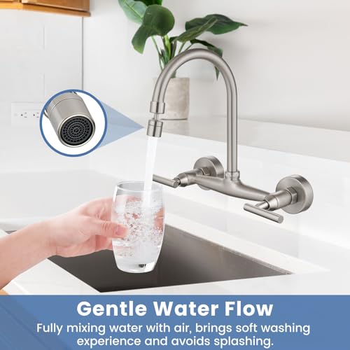 Airuida Wall Mount Kitchen Sink Faucet Wall Mounted Kitchen Faucets 8 Inch Center Double Handles 360 Degree Swivel Spout Restaurant Utility Laundry Commercial Mixer Tap Brushed Nickel - Image 2