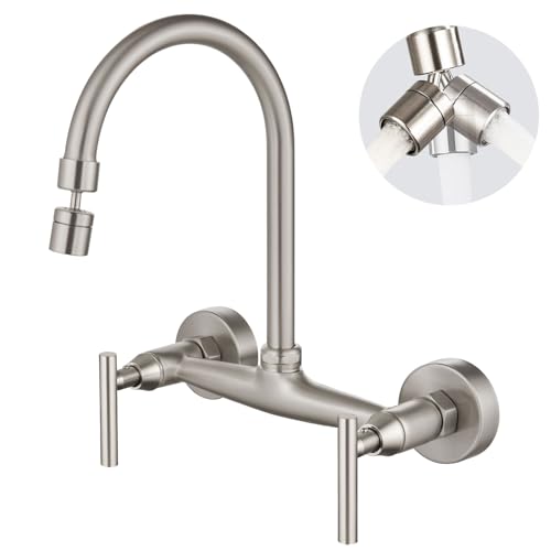 Airuida Wall Mount Kitchen Sink Faucet Wall Mounted Kitchen Faucets 8 Inch Center Double Handles 360 Degree Swivel Spout Restaurant Utility Laundry Commercial Mixer Tap Brushed Nickel - Image 1