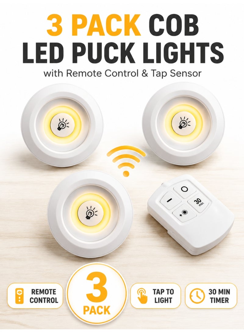 مجموعة من 3 مصابيح ليلية LED COB مزودة بجهاز تحكم عن بُعد - إضاءة لاسلكية باللون الأبيض الدافئ لتركيبها أسفل الخزائن، ومصابيح تعمل بالبطارية تعمل بالضغط، مناسبة لغرفة النوم والمطبخ والخزانة وخزانة الملابس - Image 1