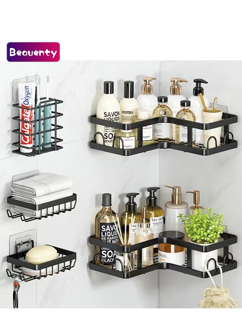 Beauenty Corner Shower Caddy 5 Pack, Adhesive Shower Organizer, Shower Rack with 16 Hooks, Large Capacity, Rustproof Stainless Steel Shower Shelf for Inside Shower & Bathroom Storage&Home Decor, Black - Image 1