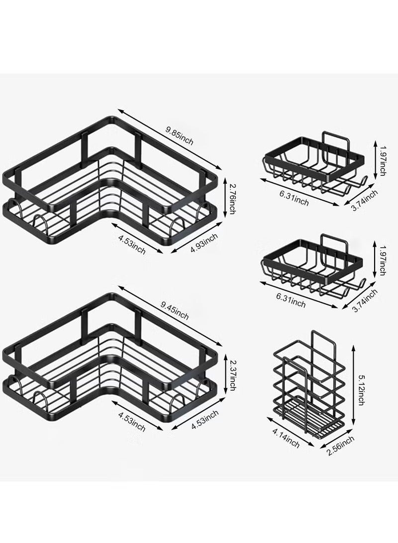 Beauenty Corner Shower Caddy 5 Pack, Adhesive Shower Organizer, Shower Rack with 16 Hooks, Large Capacity, Rustproof Stainless Steel Shower Shelf for Inside Shower & Bathroom Storage&Home Decor, Black - Image 2