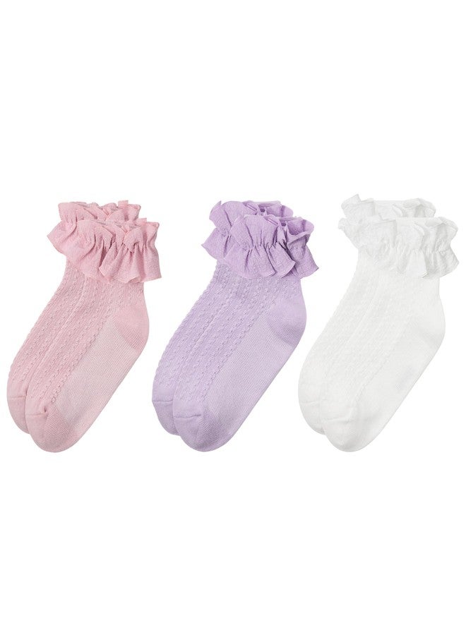 Zando Toddler Girl Socks 3T-4T Ruffle Socks for Girls Baby Girl Socks Girls Frilly Lace Dress Socks Girls Crew Socks Kids Cotton Ankle Socks for Toddler Girls Socks 1-3 Years White/Pink/Purple - Image 1