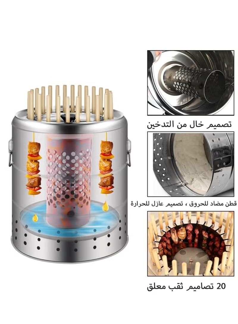 والالا شواية كباب عمودية من الفولاذ المقاوم للصدأ - 50 سيخًا وبرميل شواء فحم، شواية محمولة بدون دخان للتخييم في الهواء الطلق وحفلات الحديقة، نظام طهي كباب كامل - Image 5