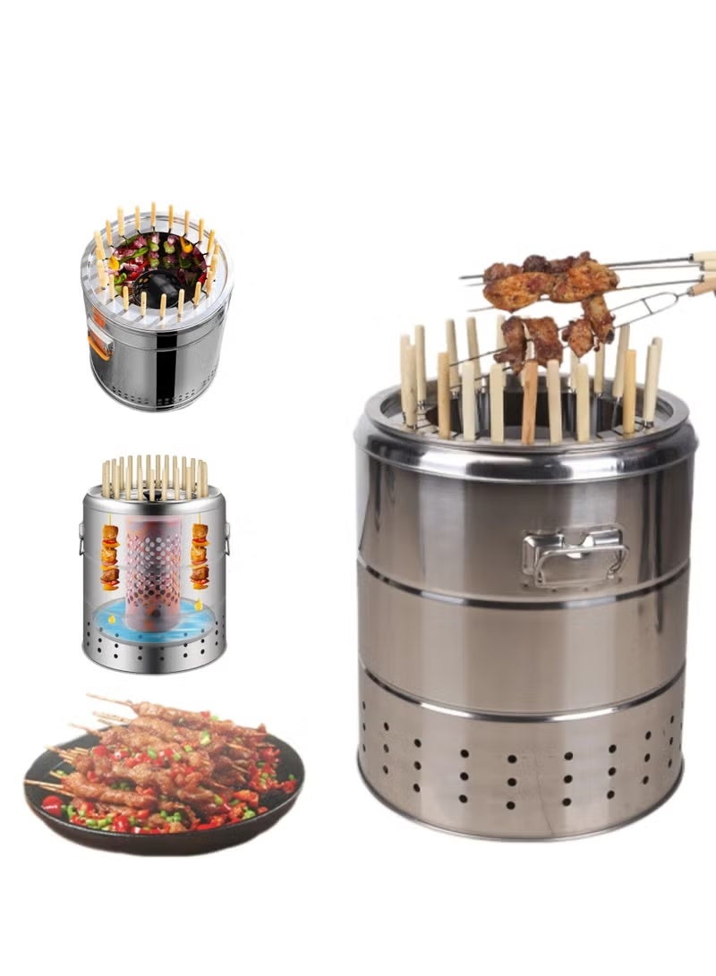 والالا شواية كباب عمودية من الفولاذ المقاوم للصدأ - 50 سيخًا وبرميل شواء فحم، شواية محمولة بدون دخان للتخييم في الهواء الطلق وحفلات الحديقة، نظام طهي كباب كامل - Image 1