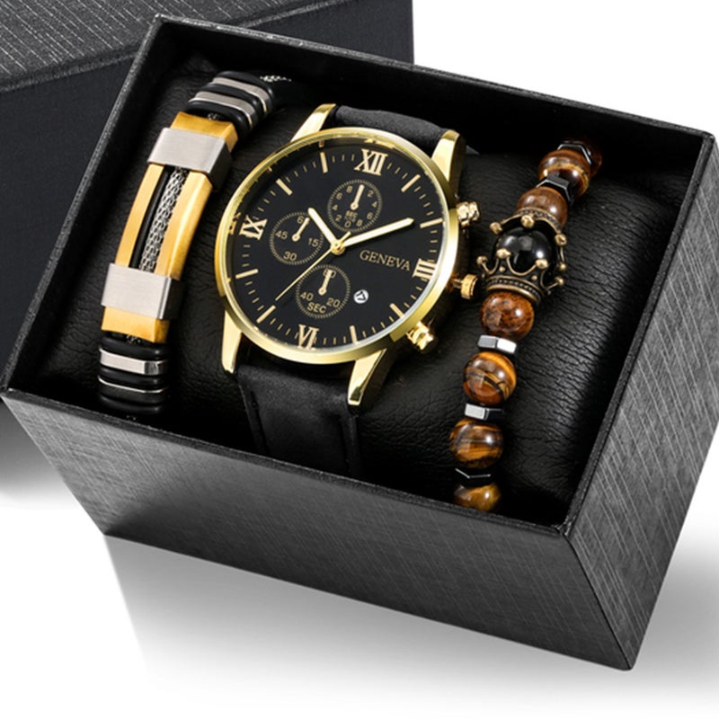 Mens Business Gift Watch Set 3pcs Black face black strap watch suit 