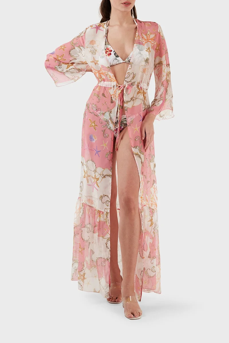 GUESS Silk Blended Patterned Tie Detailed Kimono Long Pareo Women's Pareo E3GK09WE550 P63W