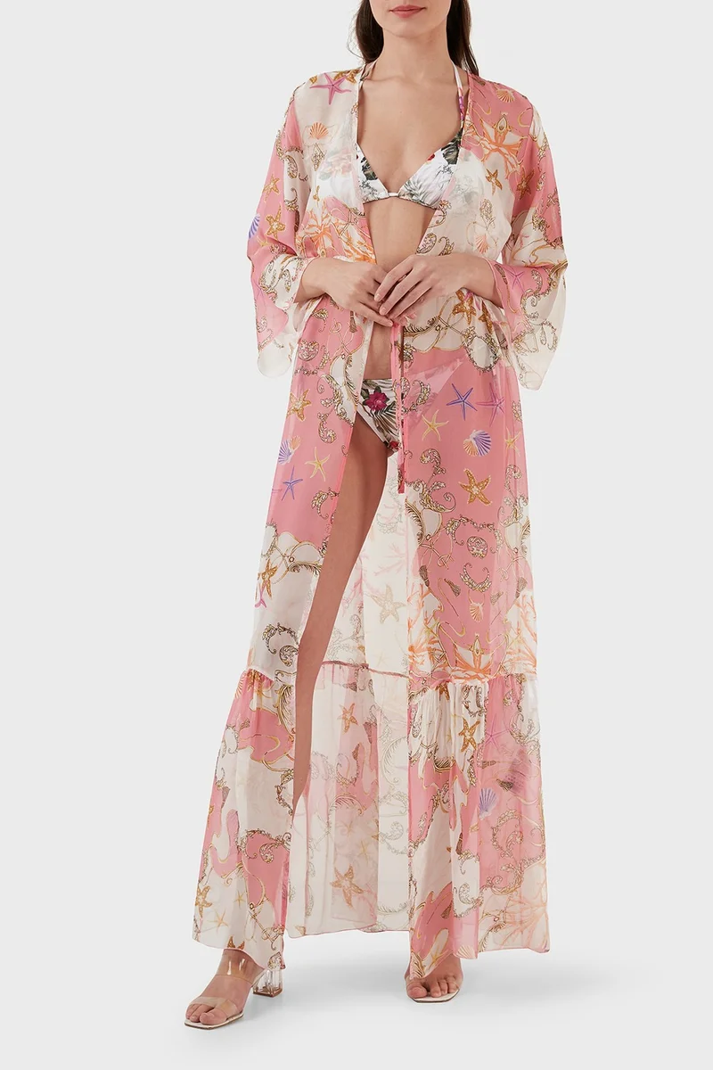 GUESS Silk Blended Patterned Tie Detailed Kimono Long Pareo Women's Pareo E3GK09WE550 P63W