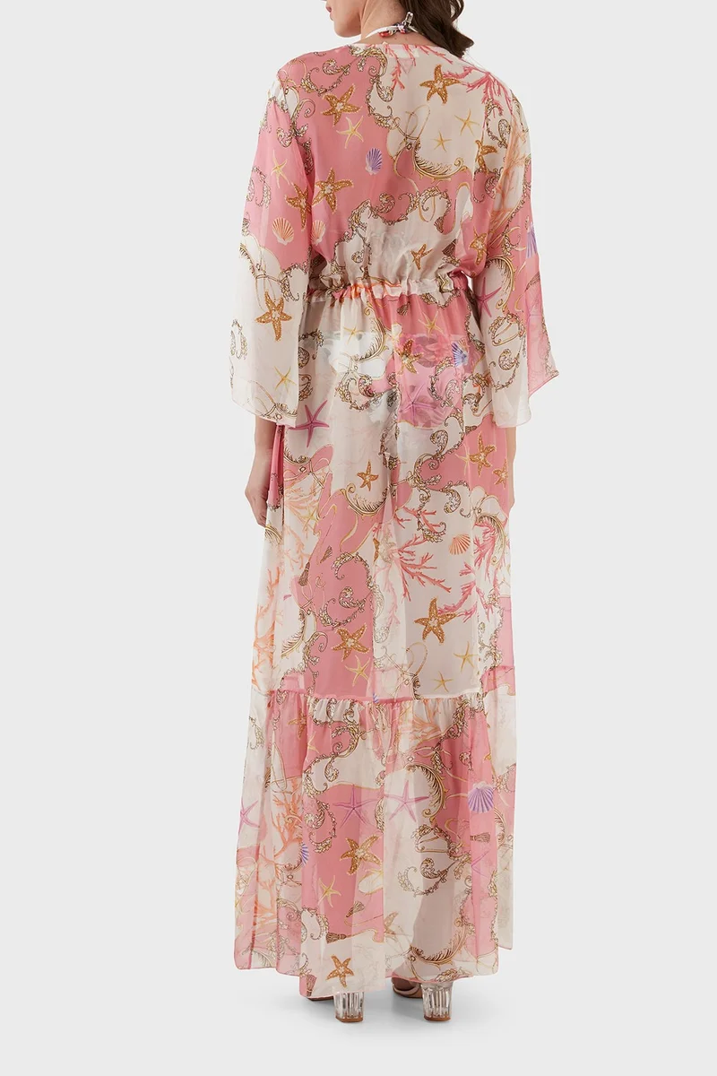 GUESS Silk Blended Patterned Tie Detailed Kimono Long Pareo Women's Pareo E3GK09WE550 P63W