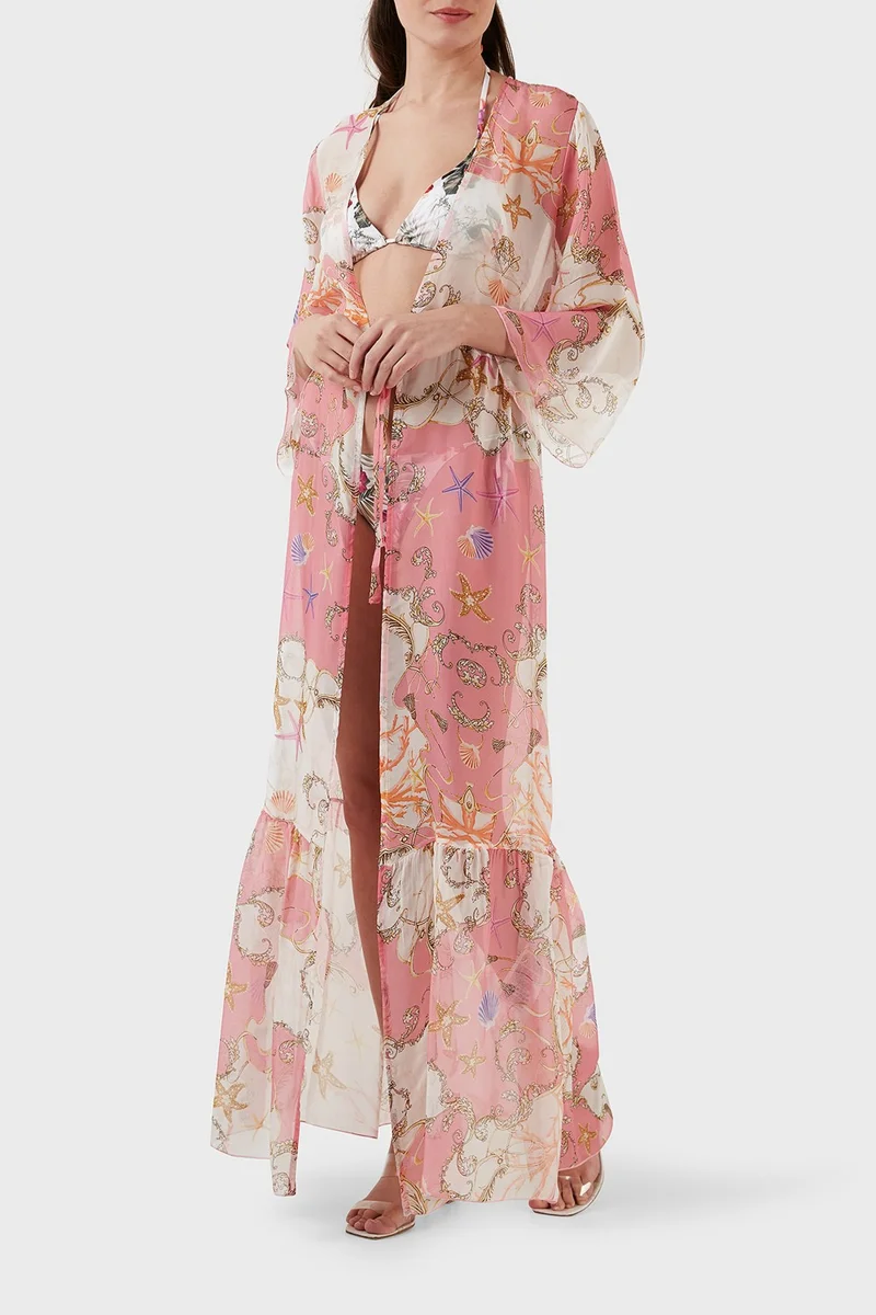GUESS Silk Blended Patterned Tie Detailed Kimono Long Pareo Women's Pareo E3GK09WE550 P63W
