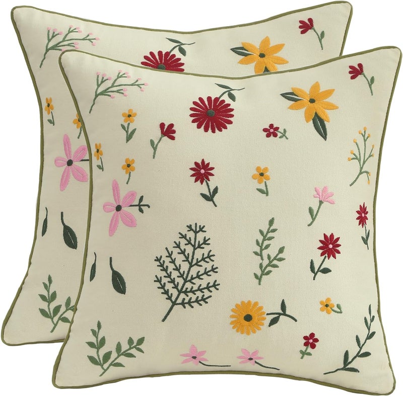 Tosleo أغطية وسائد ربيعية مزخرفة 18 × 18 بوصة مجموعة من 2، أغطية وسائد رمي مطرزة، أغطية وسائد ريفية، ديكور منزلي، وسادة مربعة مع زهور (زهرة لجميع الفصول) - Image 1