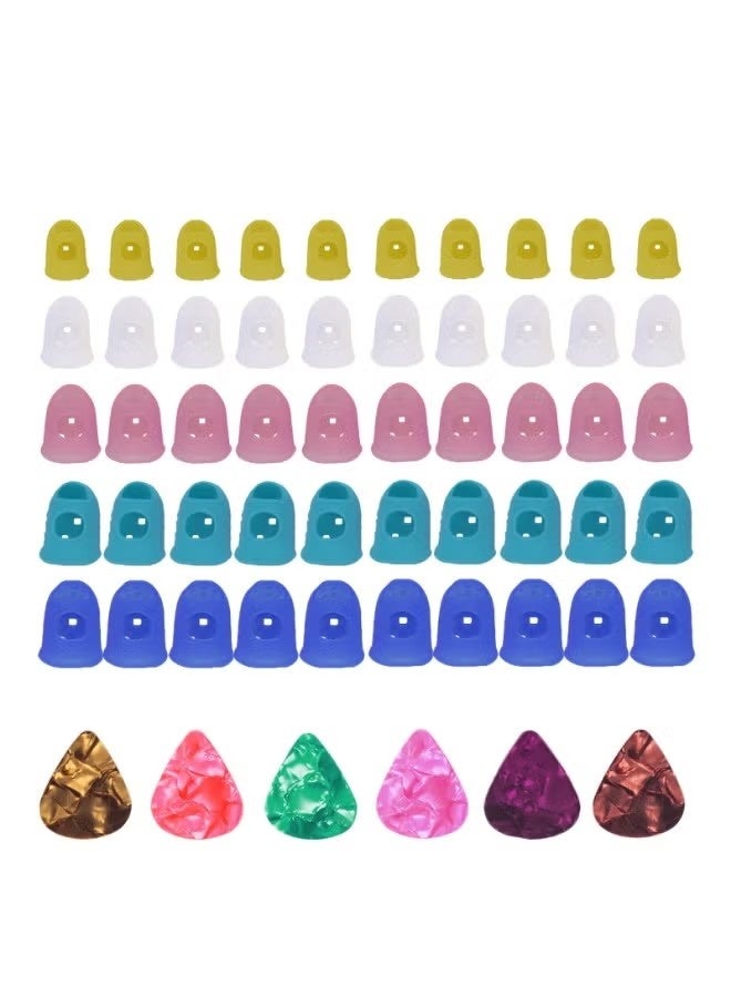 50pcs Guitar Silicone Finger Protector,Color Fingertip Protection Covers Caps in 5 Sizes for Beginner Playing Ukulele Electric Guitar and 6 Guitar Picks - Image 1