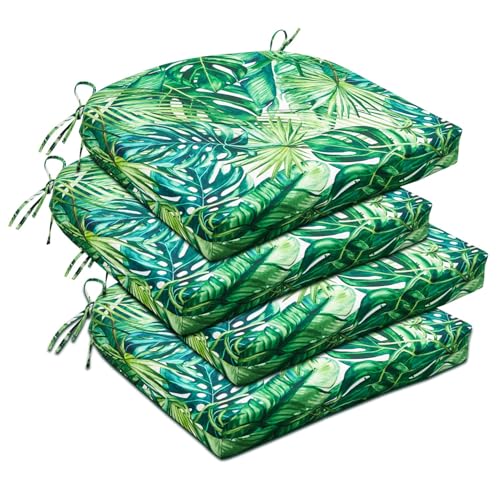 downluxe Outdoor Chair Cushions Set of 4 for Patio Furniture WaterResistant Patio Chair Cushions with Ties High Density Foam Outdoor Seat Cushion 17 X 16 X 2 Palm Leaves - Image 1