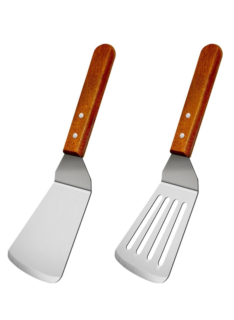 Sylqvxh 2Pcs Metal Spatulas Set, Metal Spatula for Cast Iron Skillet, Cooking Utensils Fish Egg Grill Spatula Stainless Steel Slotted Spatula, Wok Flat Top Small Metal Spatula Turner with Wood Handle - Image 1