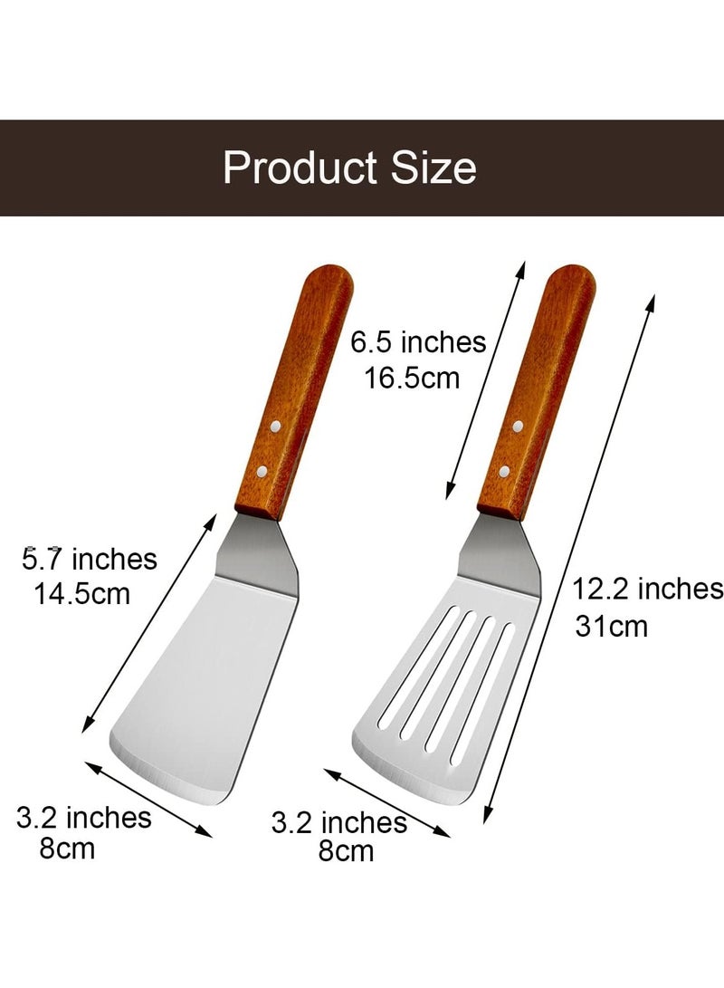 Sylqvxh 2Pcs Metal Spatulas Set, Metal Spatula for Cast Iron Skillet, Cooking Utensils Fish Egg Grill Spatula Stainless Steel Slotted Spatula, Wok Flat Top Small Metal Spatula Turner with Wood Handle - Image 2