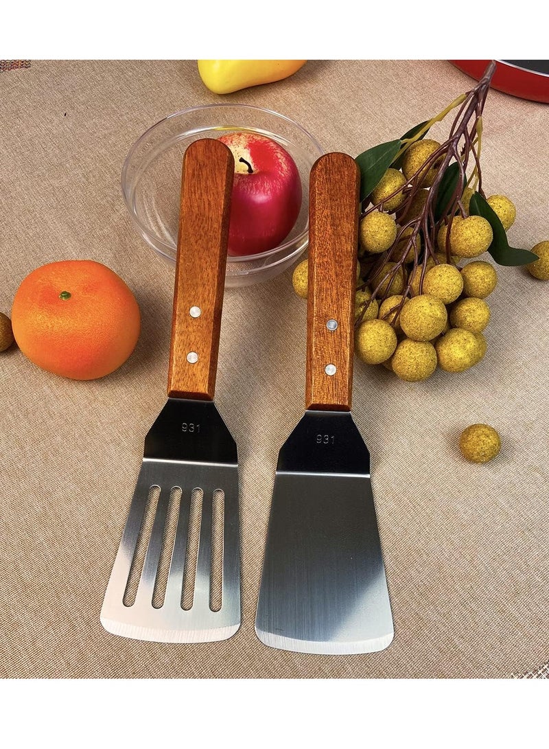 Sylqvxh 2Pcs Metal Spatulas Set, Metal Spatula for Cast Iron Skillet, Cooking Utensils Fish Egg Grill Spatula Stainless Steel Slotted Spatula, Wok Flat Top Small Metal Spatula Turner with Wood Handle - Image 3