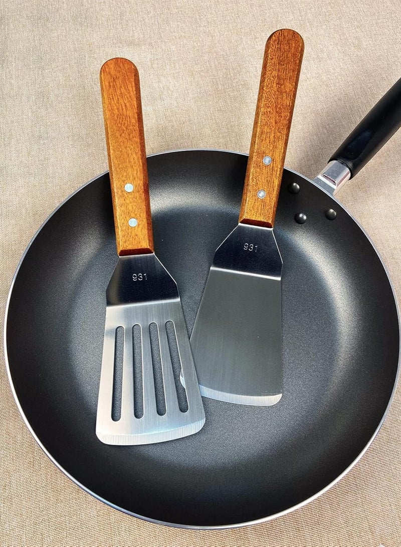 Sylqvxh 2Pcs Metal Spatulas Set, Metal Spatula for Cast Iron Skillet, Cooking Utensils Fish Egg Grill Spatula Stainless Steel Slotted Spatula, Wok Flat Top Small Metal Spatula Turner with Wood Handle - Image 5