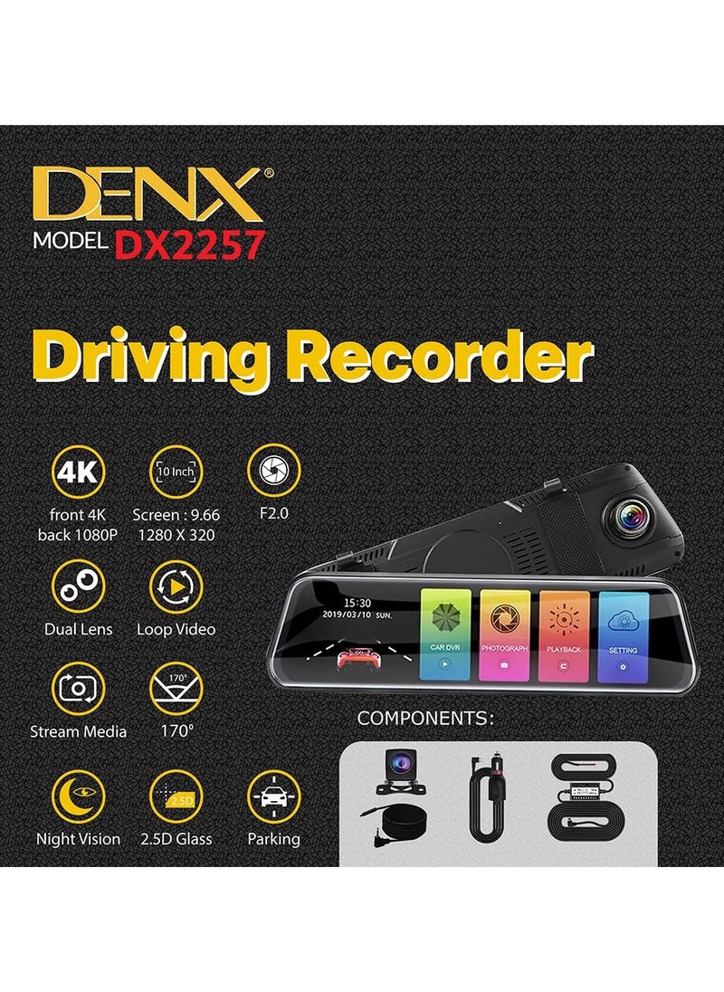 دينكس - داش كام DENX DX2257 بدقة 4K مع شاشة لمس 10 بوصة، رؤية ليلية متقدمة، وعدسة بزاوية 170 درجة لتسجيل أمامي وخلفي عالي الجودة - Image 1