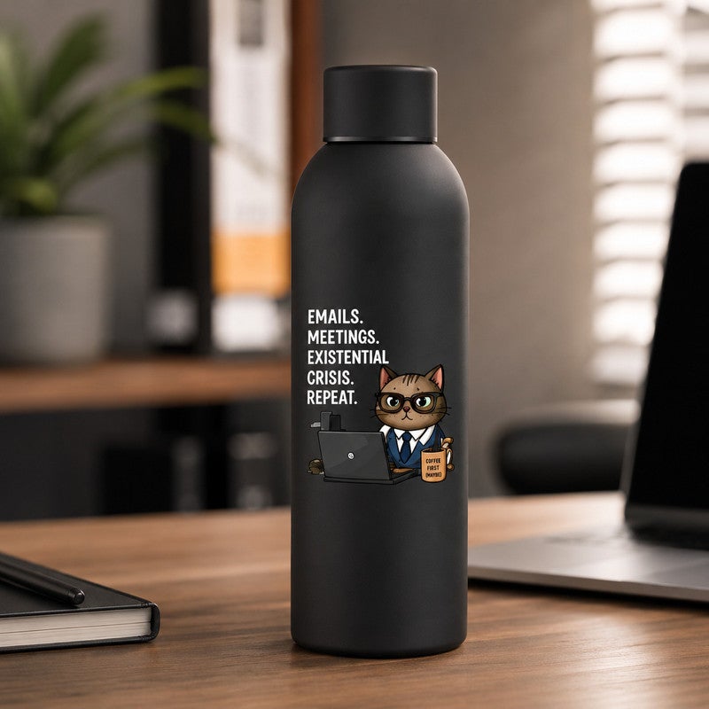 Stainless Steel Thermal Flask, "Emails. Meetings. Existential Crisis. Repeat." Funny Office Cat Print, Leak-Proof Insulated Water Bottle, Hot & Cold, 500 ml